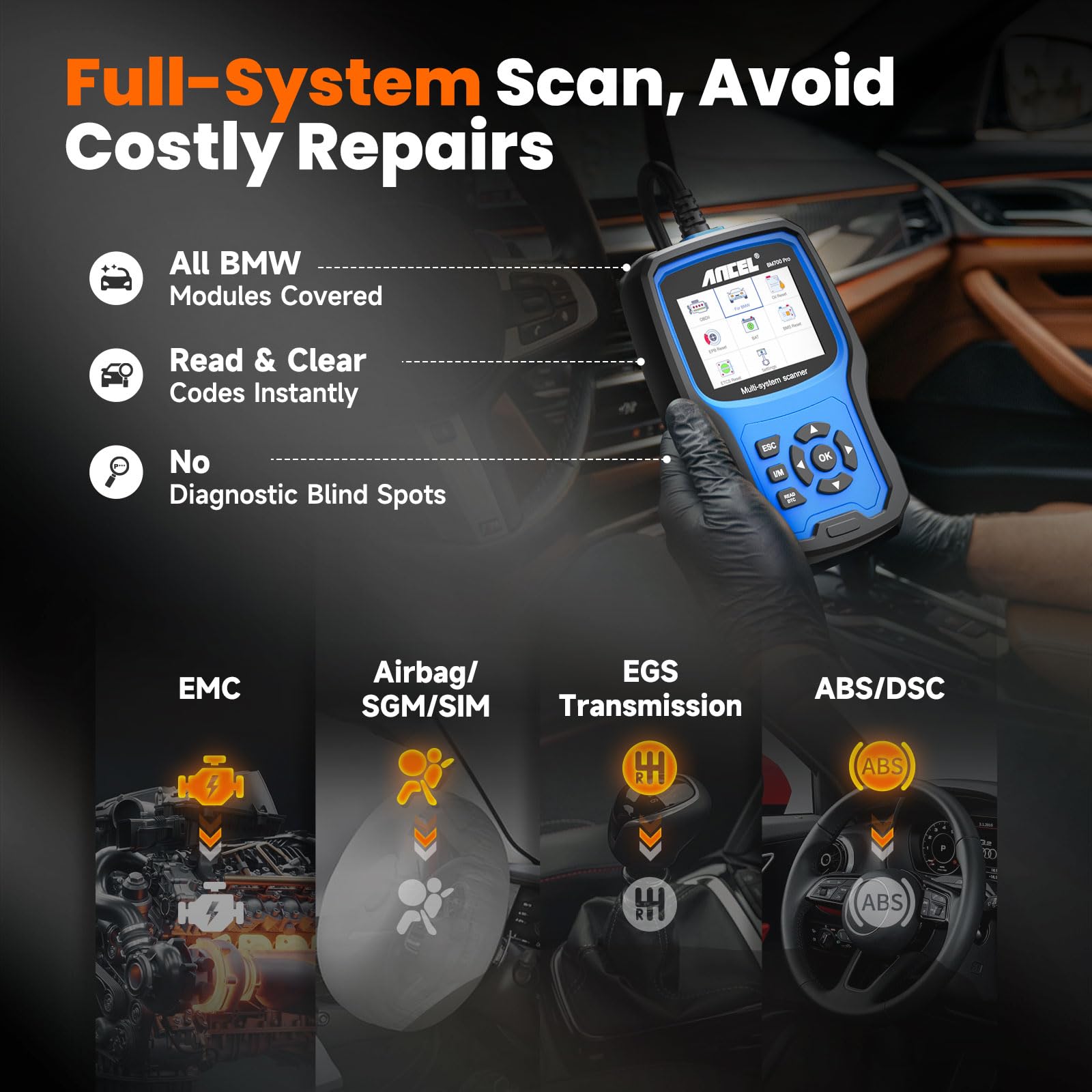 ANCEL BM700 PRO live data screen showing sensors, real-time vehicle insight