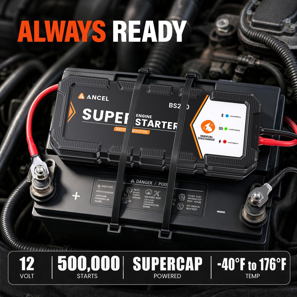 ANCEL BS200 mounted under a car hood providing immediate starting support and reliability