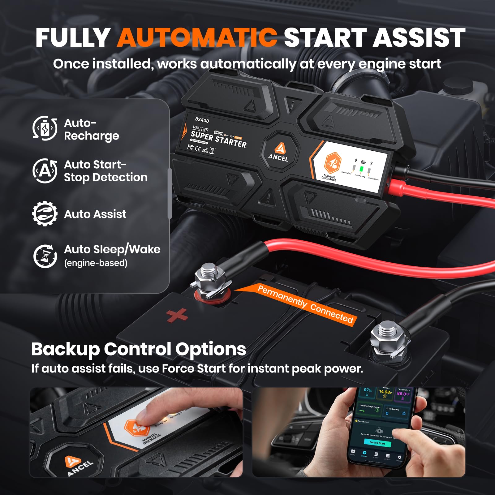 ANCEL mobile app screen with ANCEL showing battery health and preventive alerts
