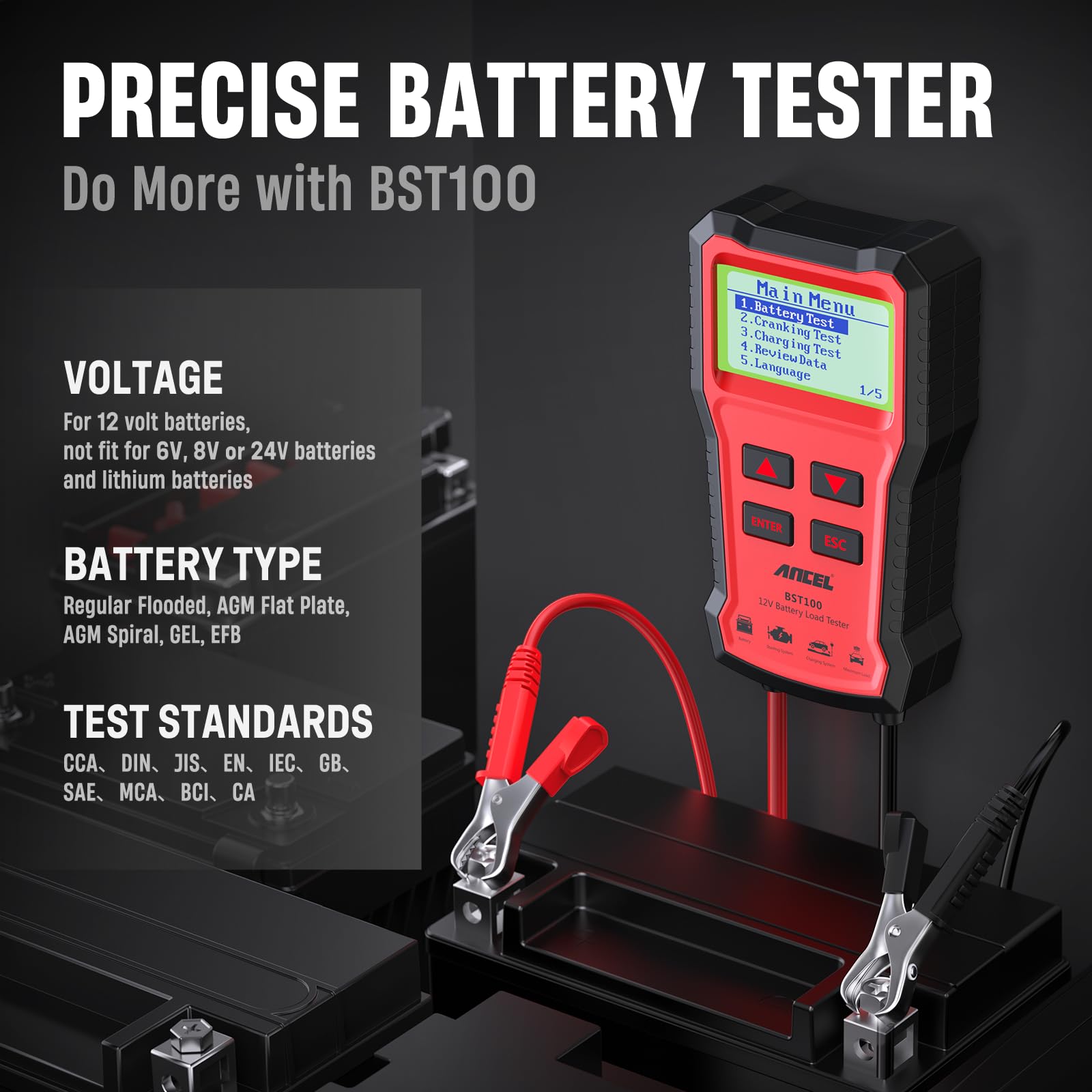 ANCEL BST100 in use testing a car battery to identify charging or start issues