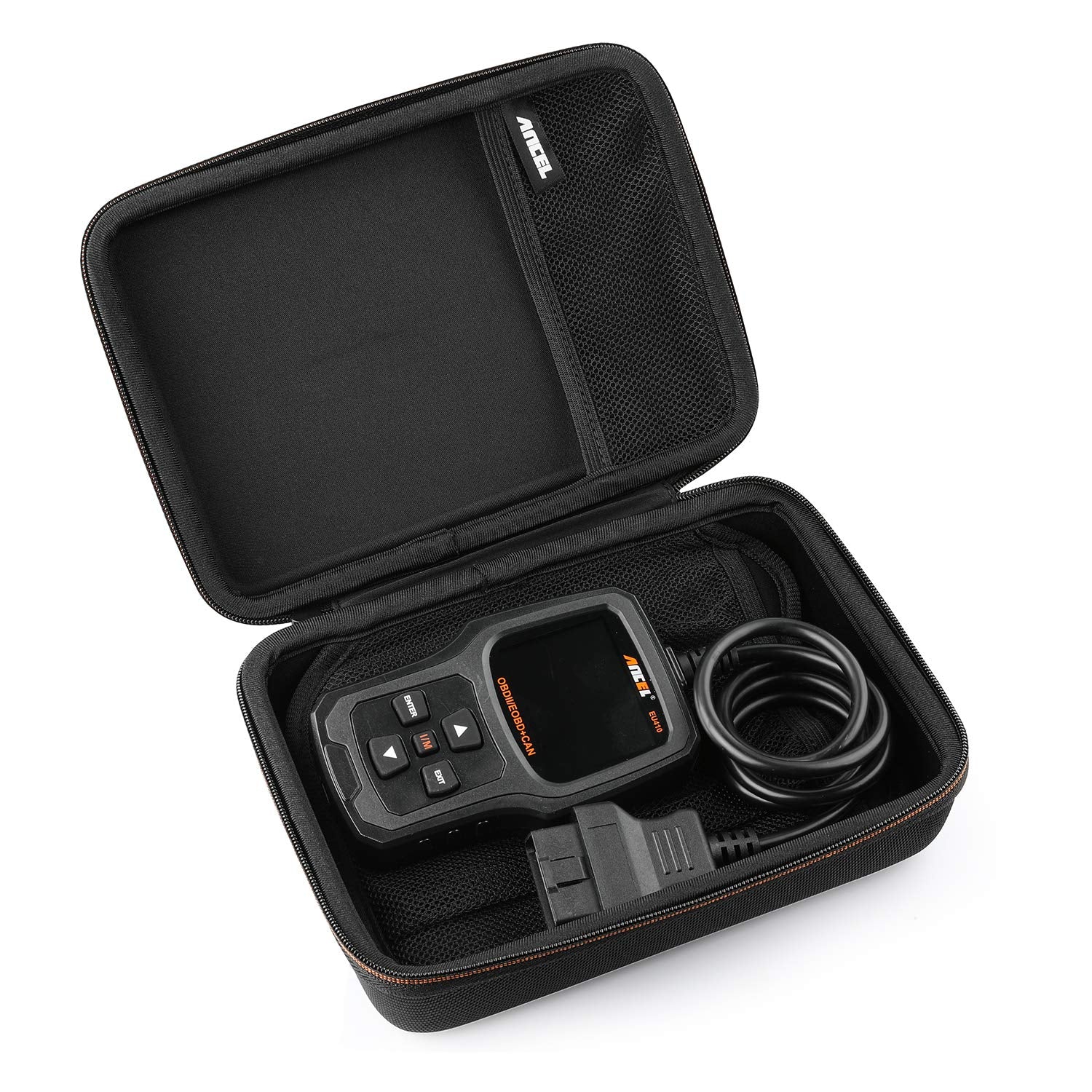 ANCEL case open to show molded interior and mesh pocket for organized storage