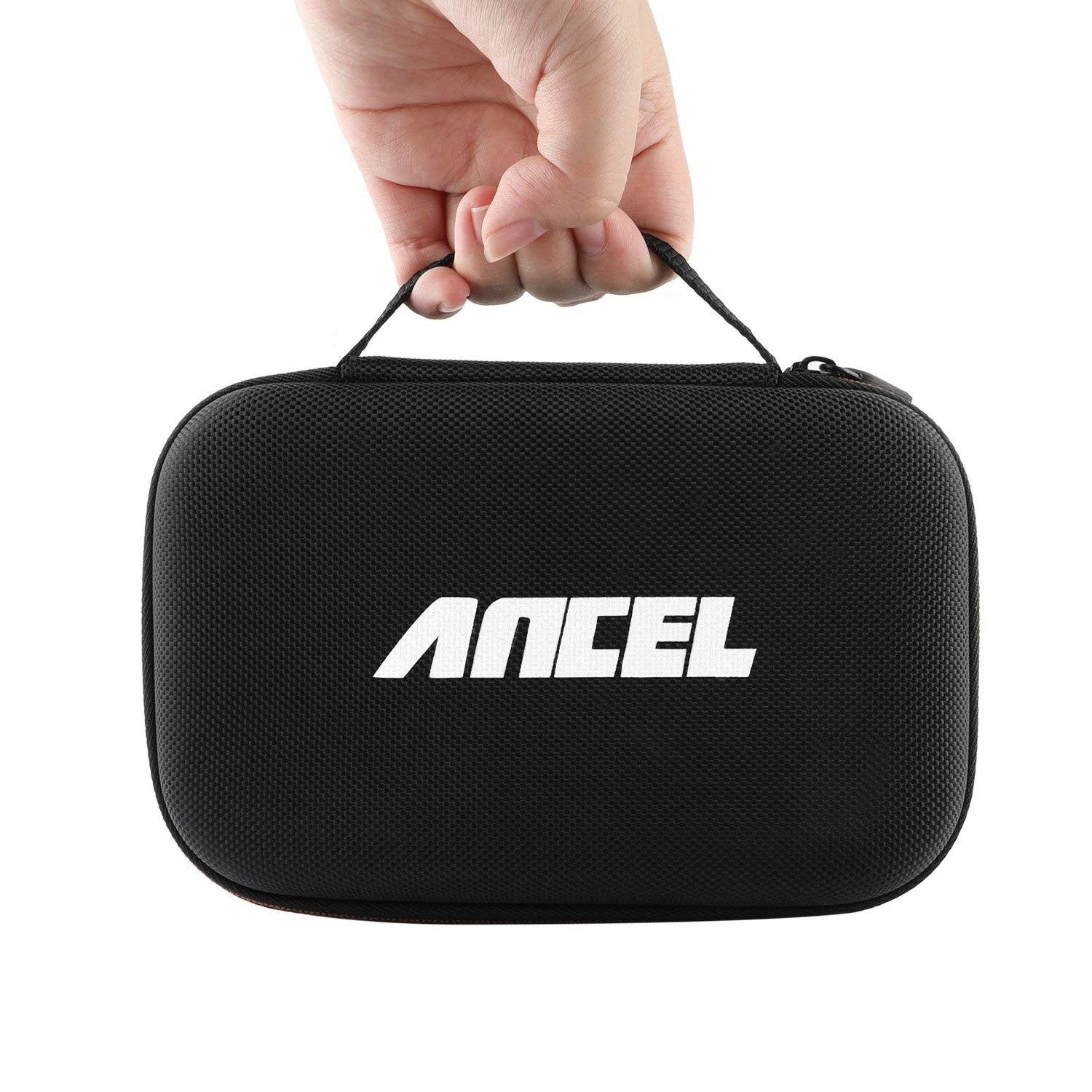 ANCEL case alongside scanner and cables showing secure fit and quick access