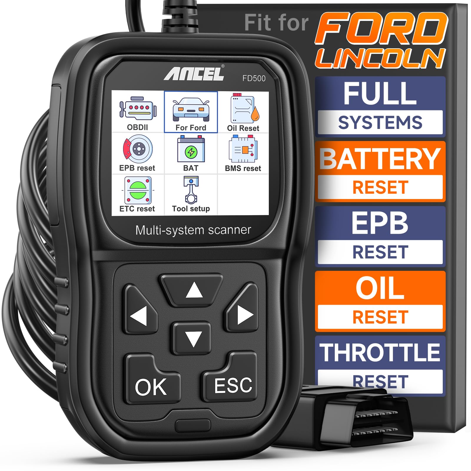 ANCEL FD500 front panel showing buttons and display for easy diagnostics
