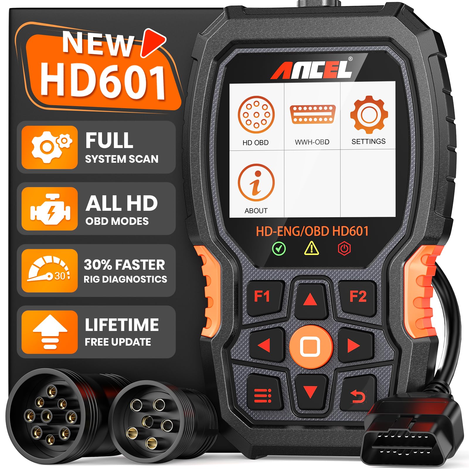 ANCEL HD601 front view showing screen and rugged housing benefit quick inspection