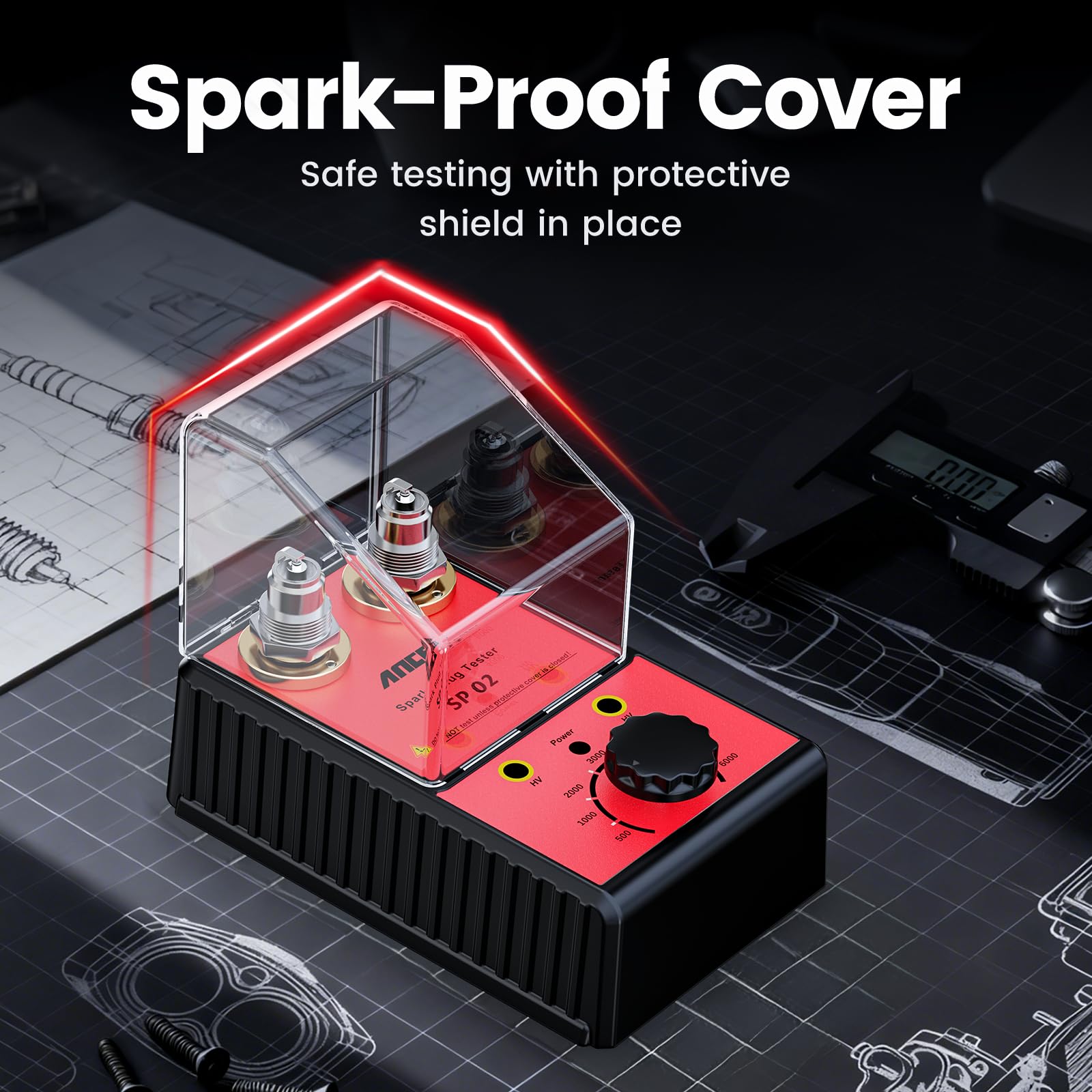 ANCEL SP02 beside standard spark plug for size compatibility check