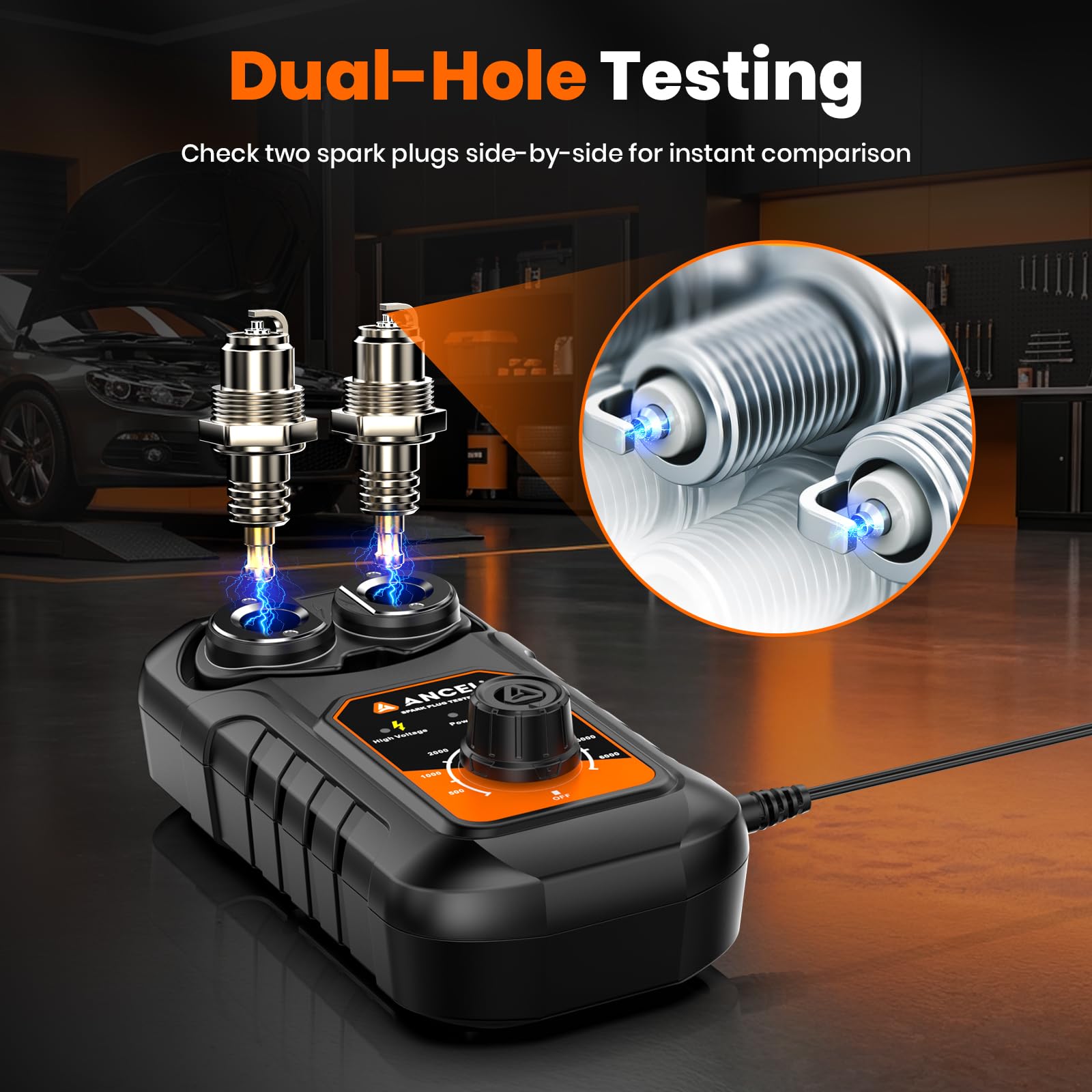 ANCEL testing two spark plugs side-by-side for direct strength comparison
