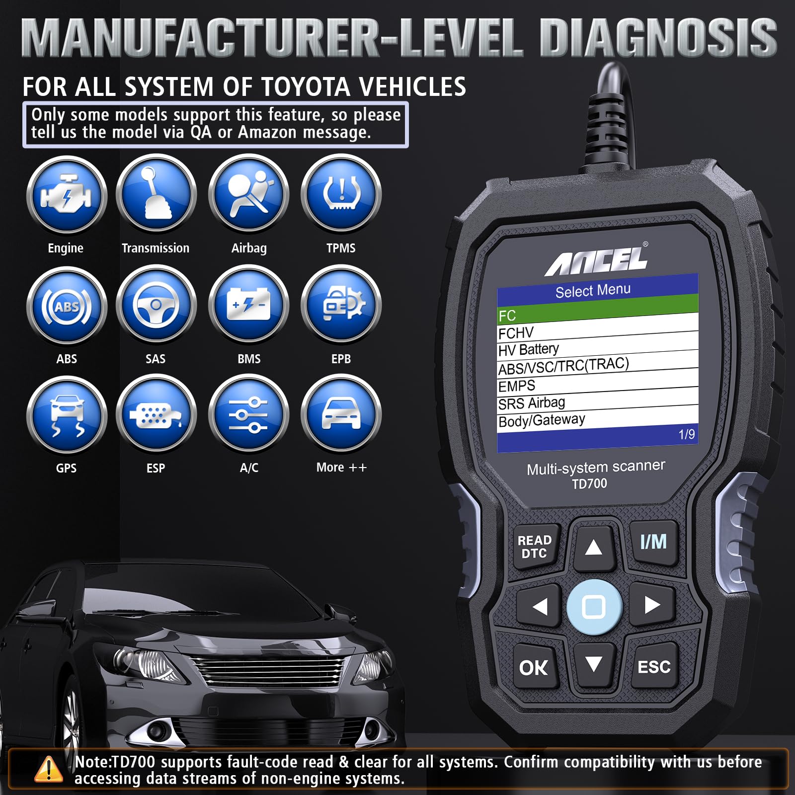 ANCEL TD700 16‑pin OBD connector close-up that ensures simple plug‑and‑play