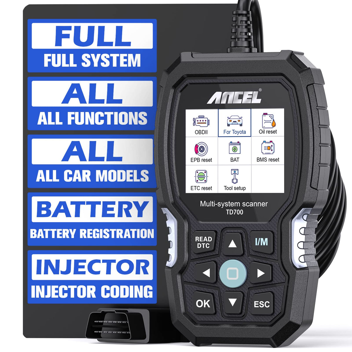 ANCEL TD700 front panel showing controls and connector for quick diagnostics