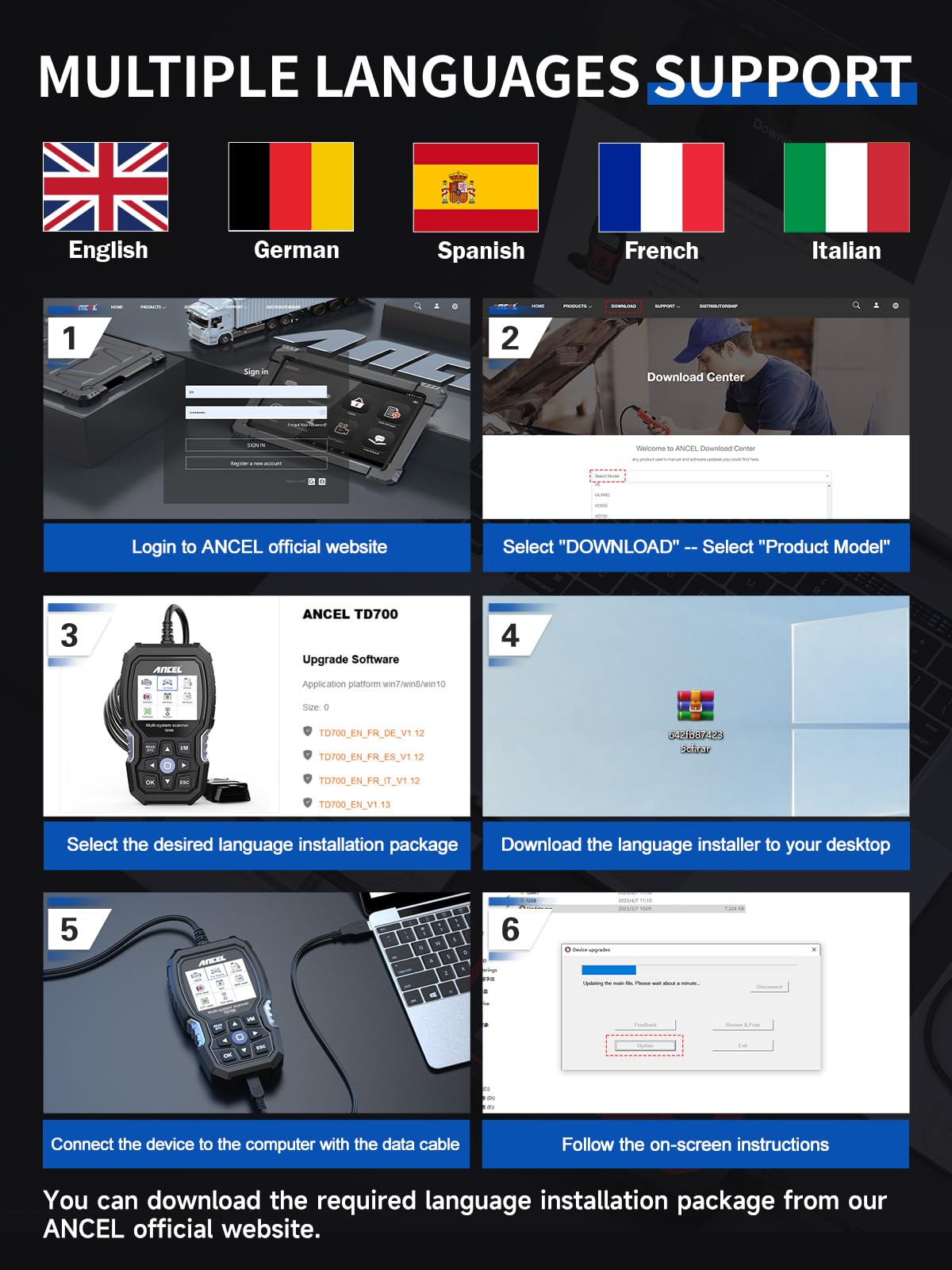 ANCEL TD700 packaging with user manual for easy setup and multilingual support