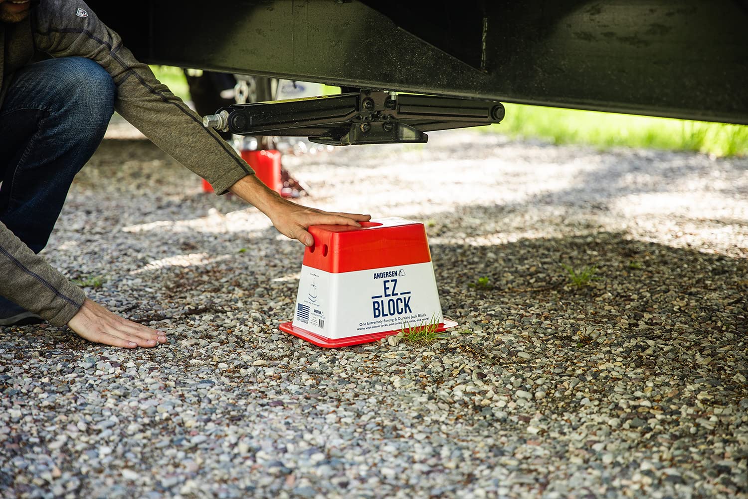 Andersen Hitches two EZ Jack Blocks stacked to add height and improve leveling reach