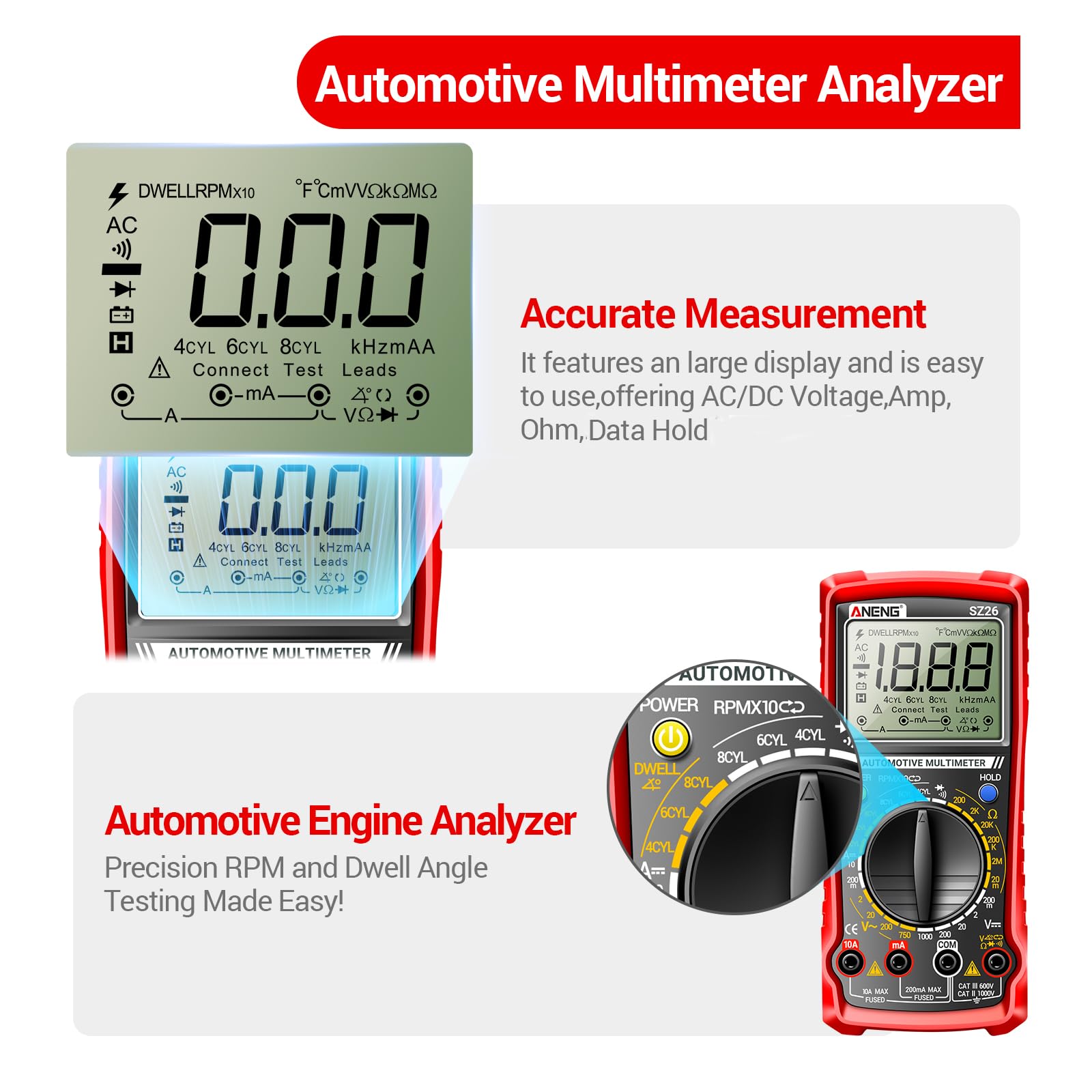 ANENG SZ26 attached to an engine for RPM and dwell angle measurement benefit