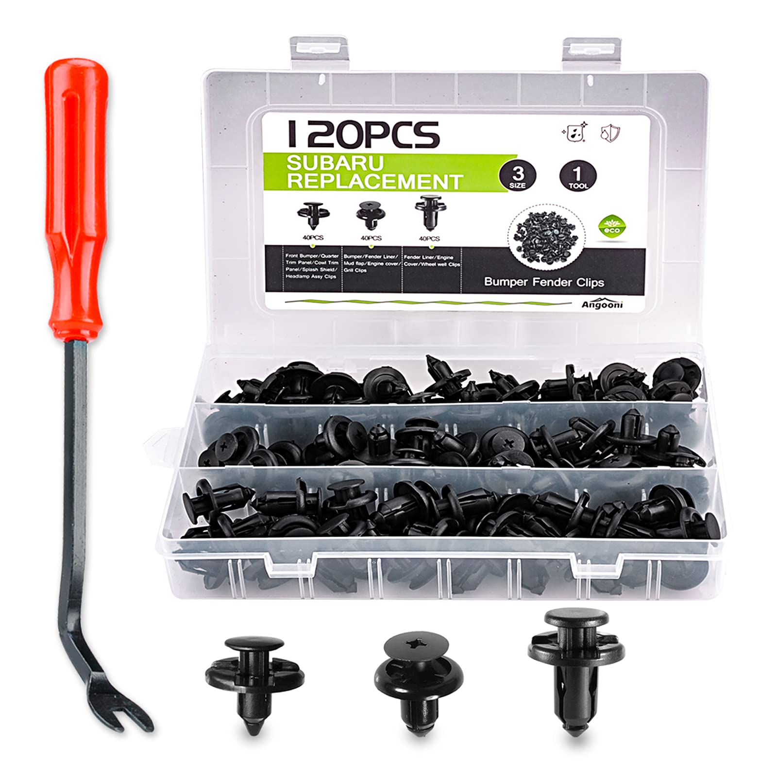 Angooni front packaging showing 120PCS kit and included tool, convenient storage benefit