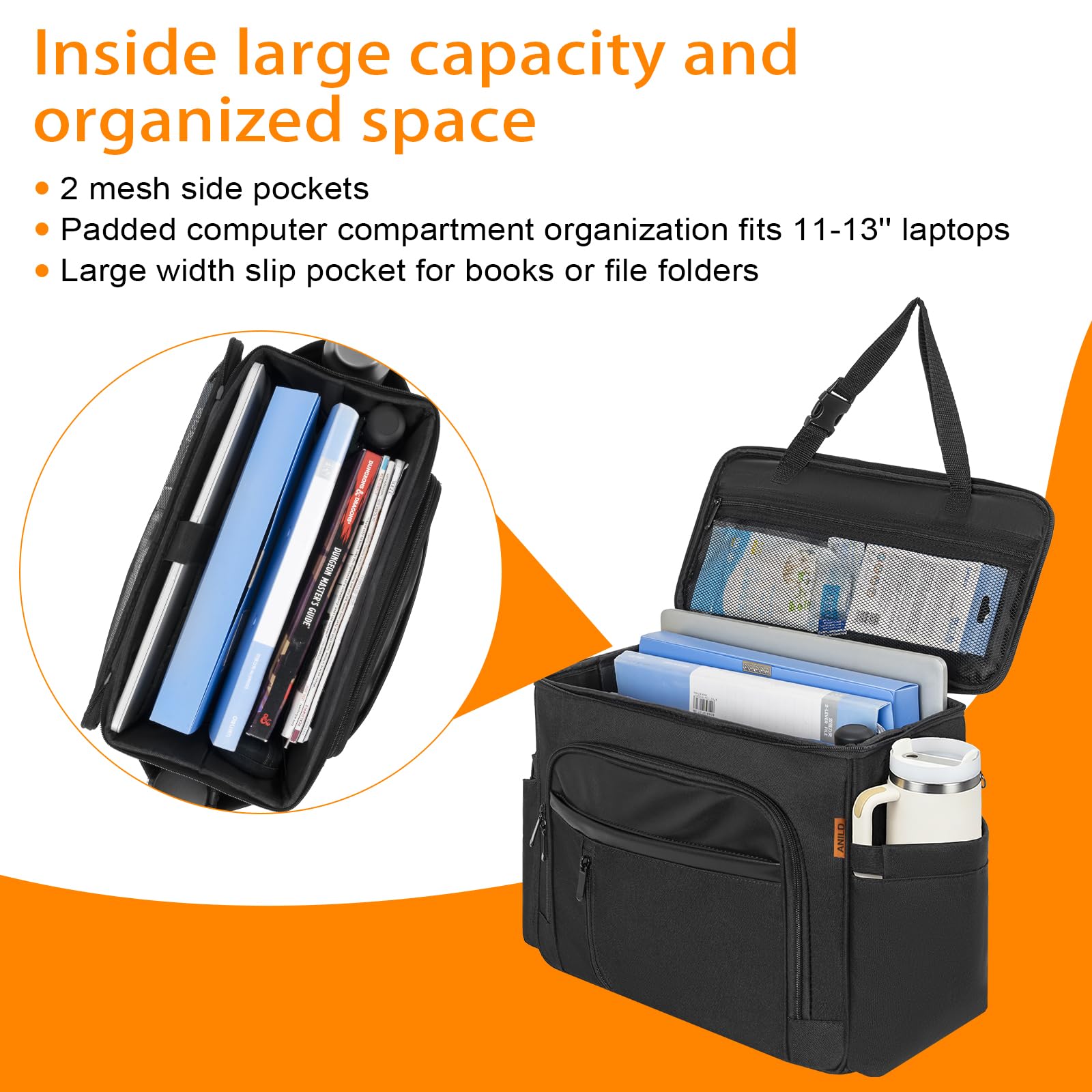 ANILD organizer converted to shoulder bag for portable use and hands-free convenience