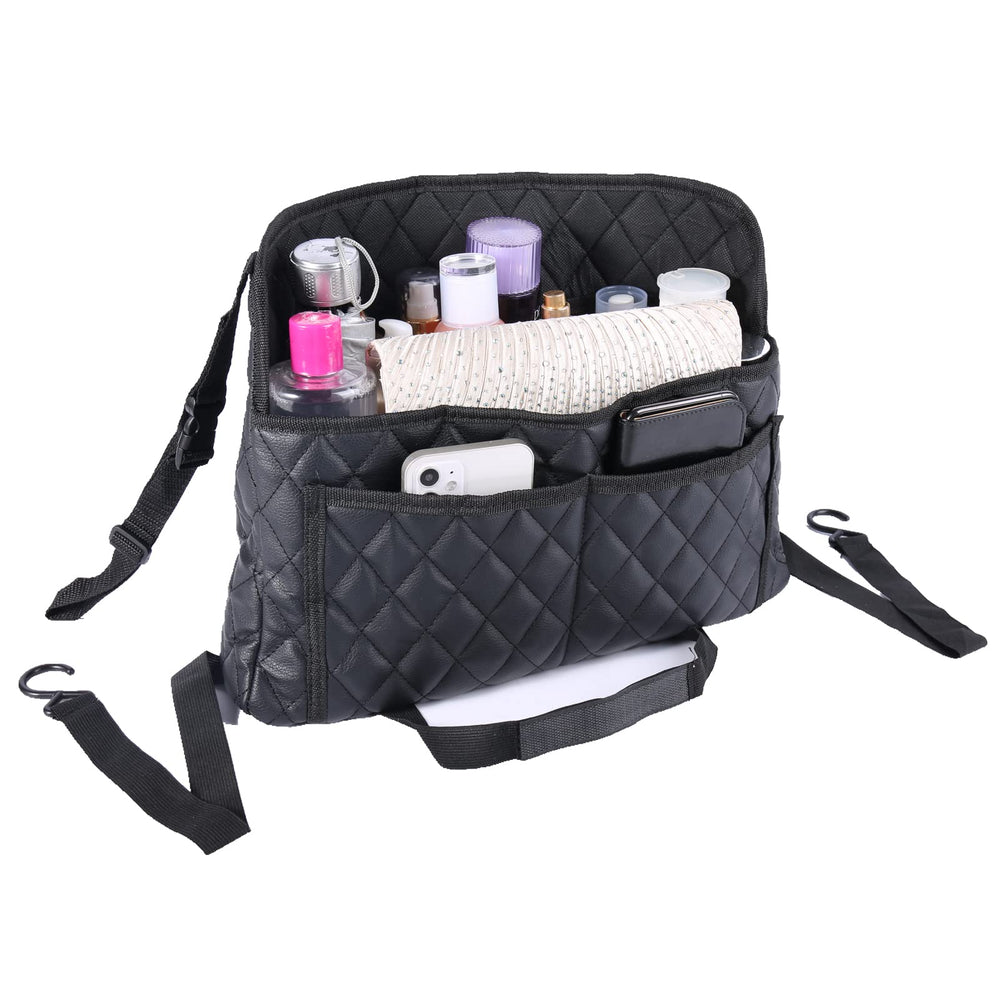 ANLEM front view of black faux leather seat caddy showing two compartments for organized storage