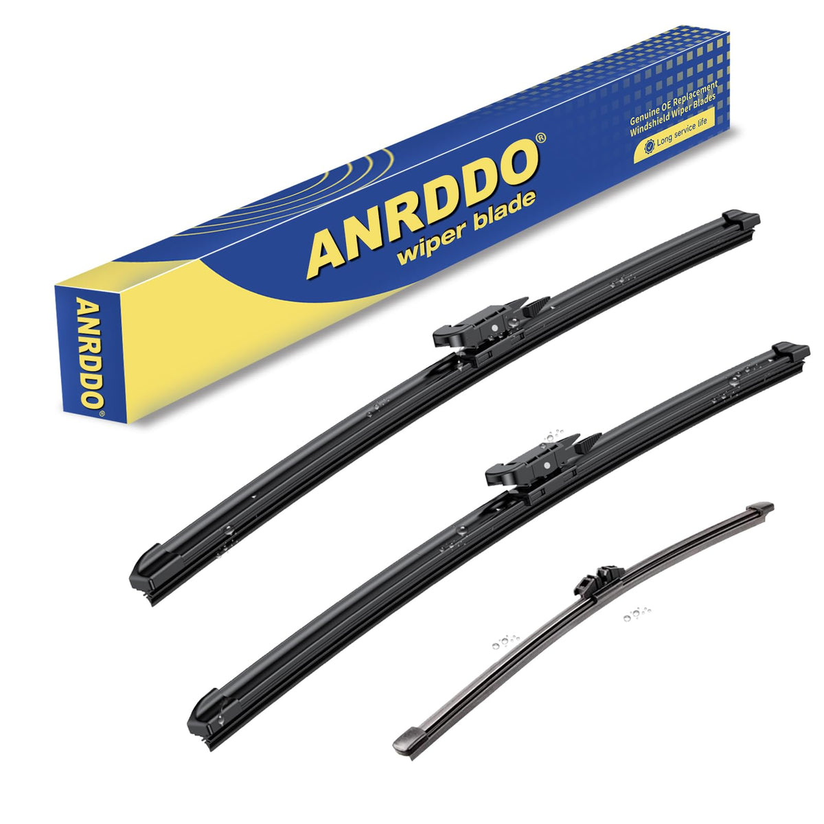 ANRDDO front packaging showing complete 26,22,11 inch wiper set and easy fit