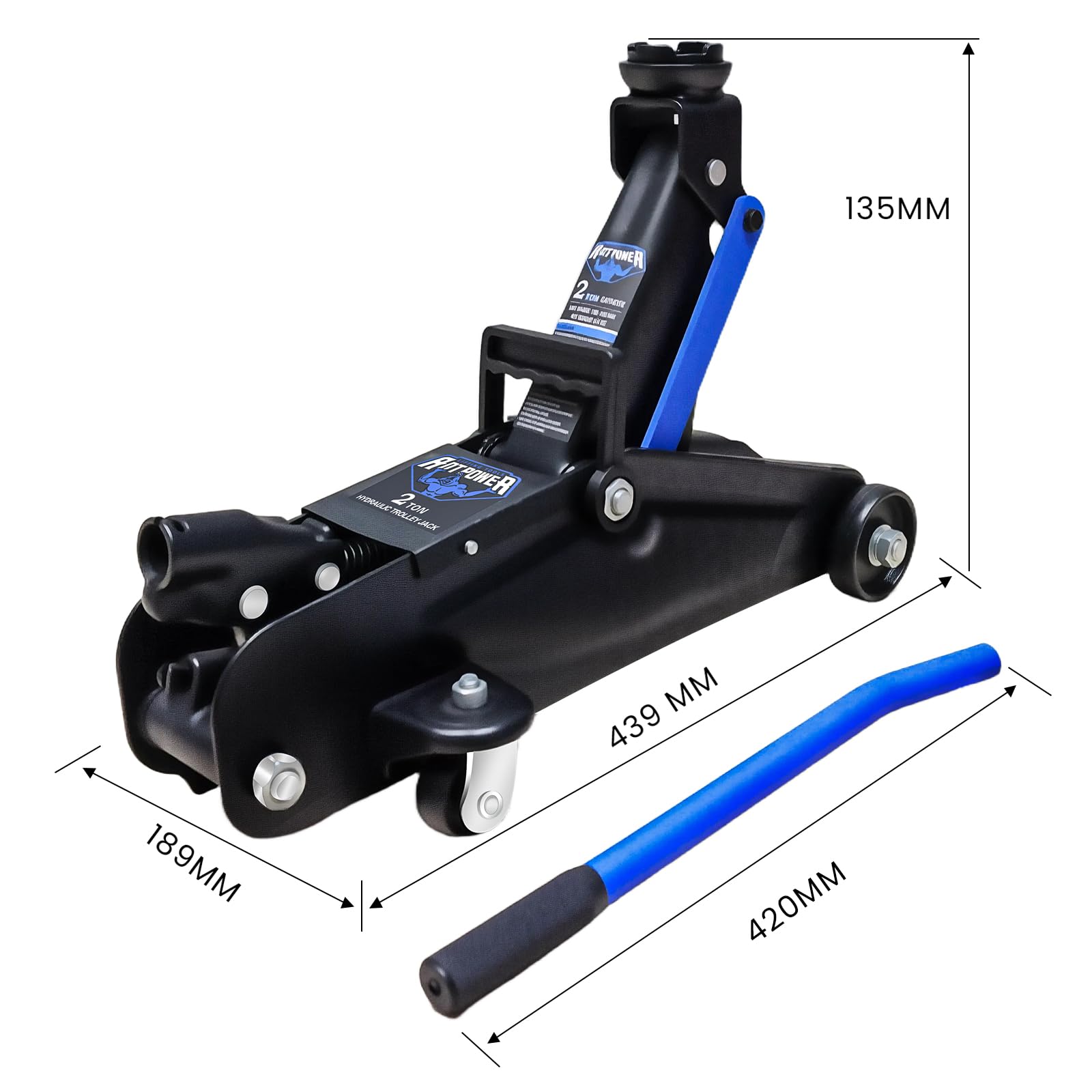 ANTPOWER next to a wheel for scale showing jack height range and portability benefit
