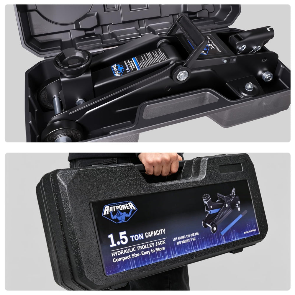 ANTPOWER jack next to tape measure showing compact low-profile size