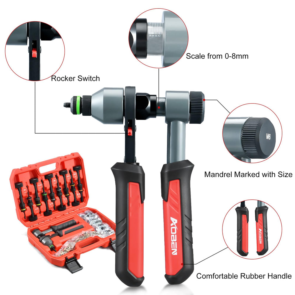 AOBEN rivet nut tool open case with organized mandrels and 100 rivnuts for fast access