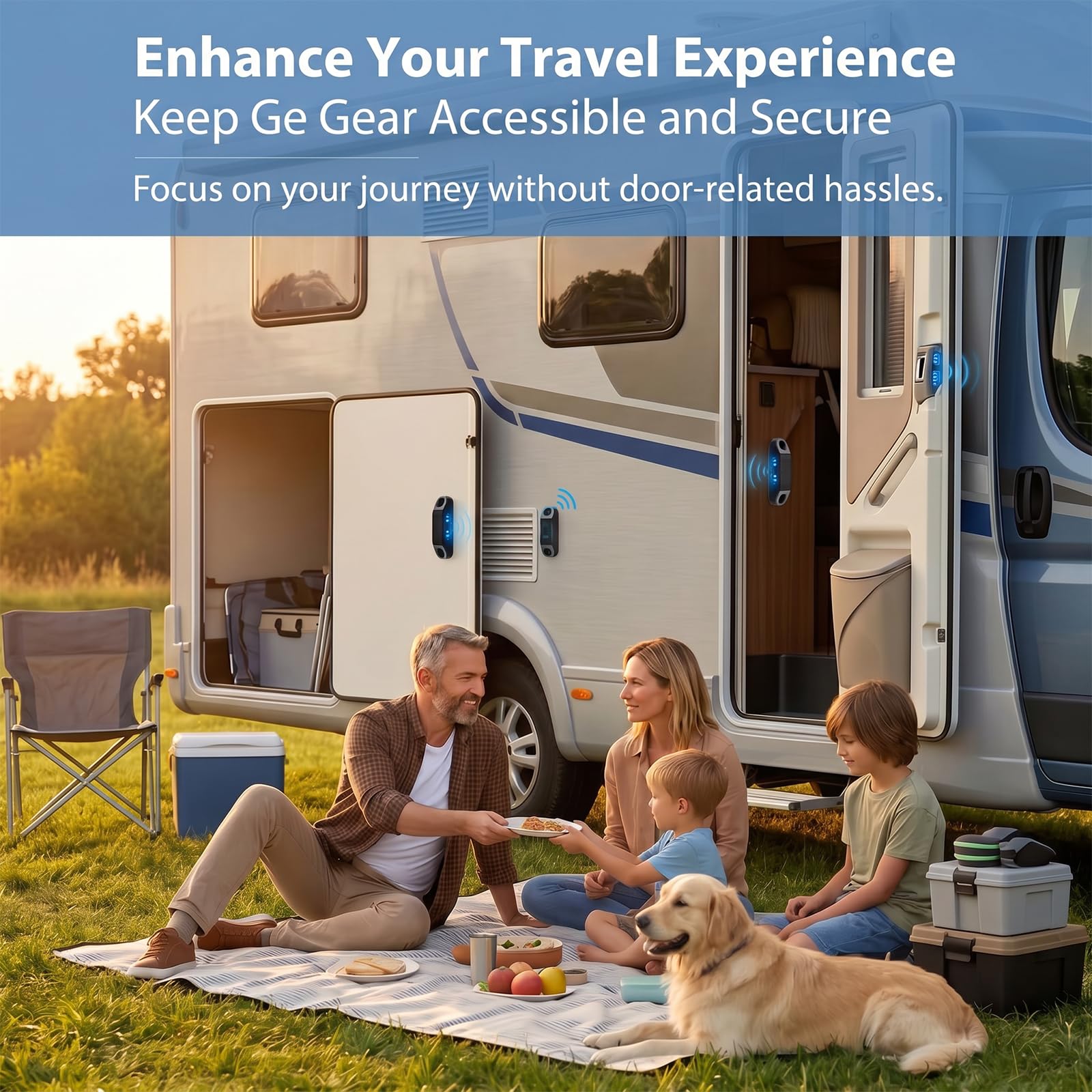 Aocies magnetic catch on camper exterior storage showing weather-resistant design