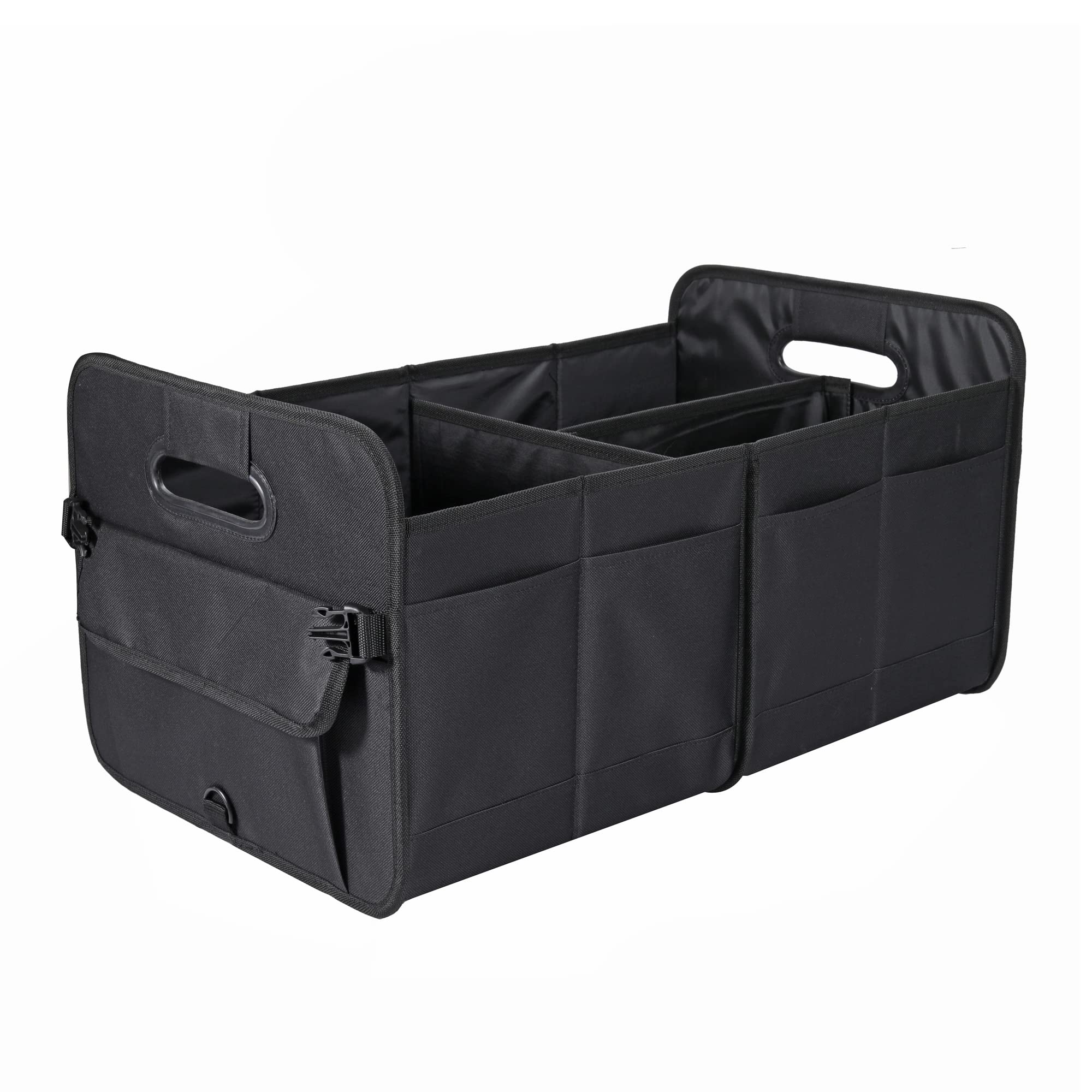 AOKJOY front view of trunk organizer showing compartments and secure straps for tidy storage