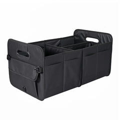 AOKJOY front view of trunk organizer showing compartments and secure straps for tidy storage