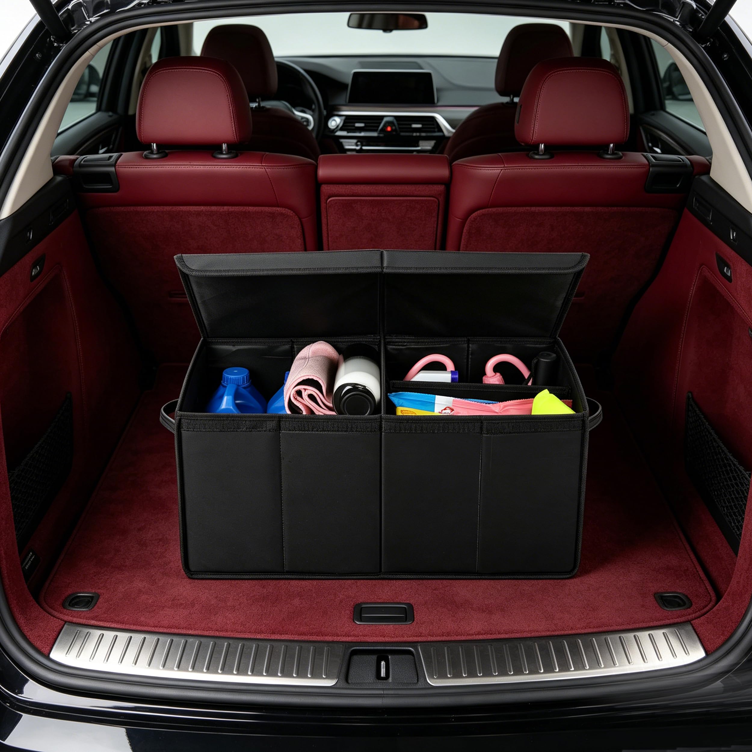 AOKJOY organizer placed in SUV trunk holding groceries to prevent shifting on drives