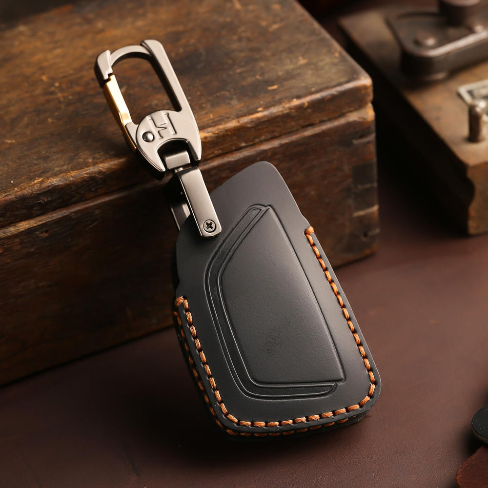 Aoocar leather key fob cover close-up of stitching texture for premium feel