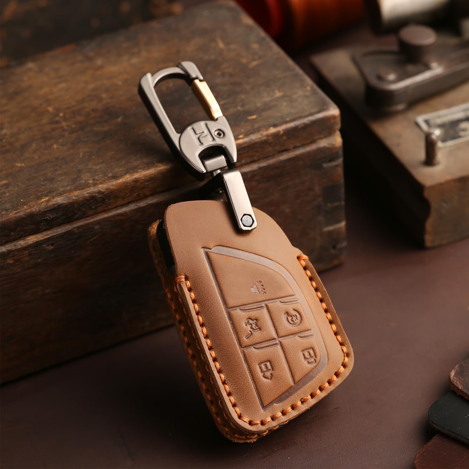 Aoocar leather key fob cover installed on GMC Yukon fob preserving button access