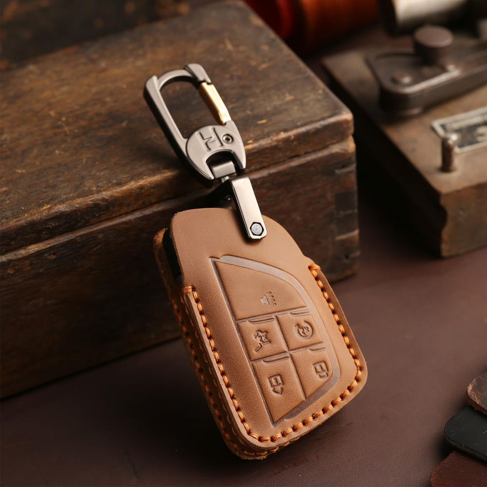 Aoocar leather key fob cover installed on GMC Yukon fob preserving button access