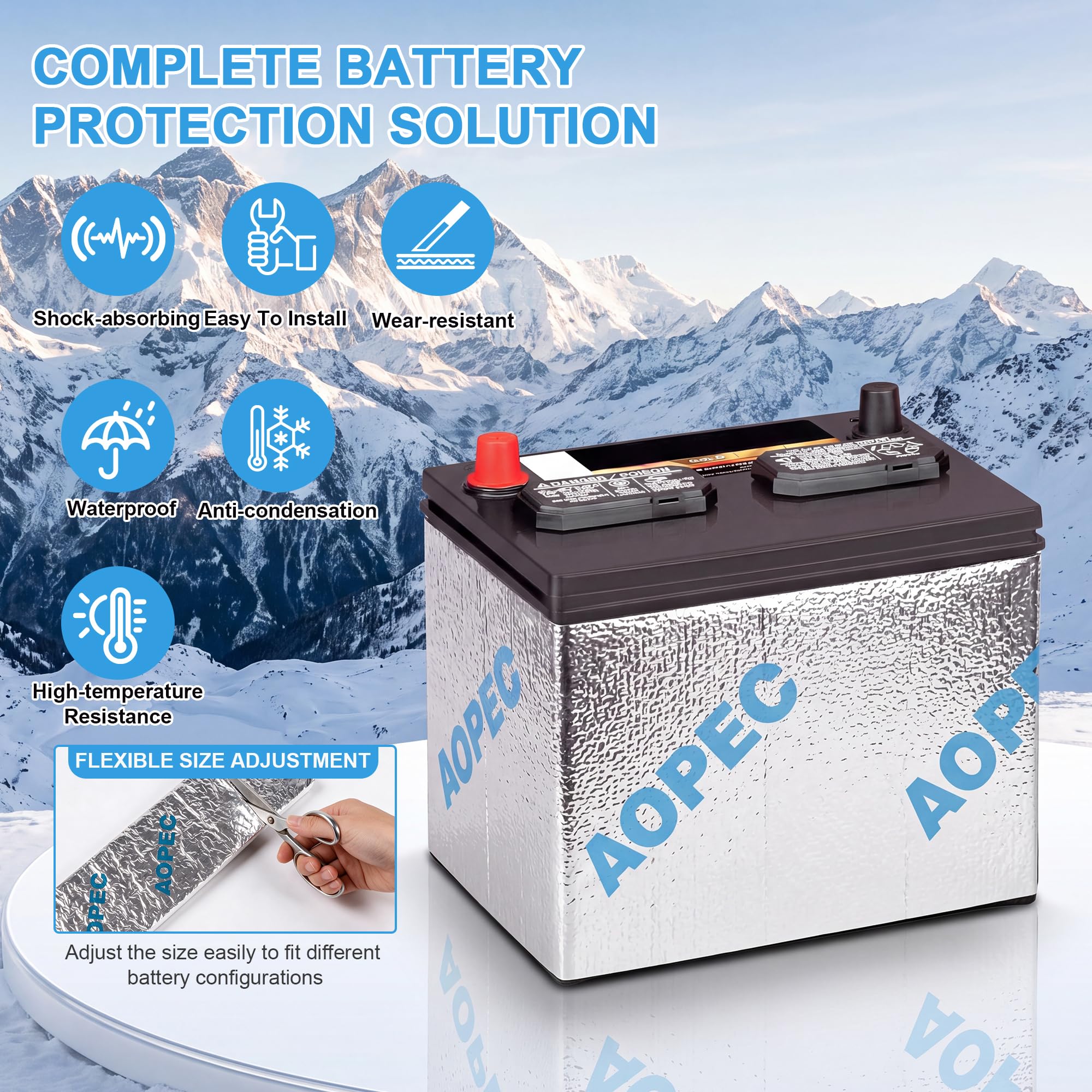 AOPEC battery insulation beside ruler for size comparison ensuring universal fit benefit