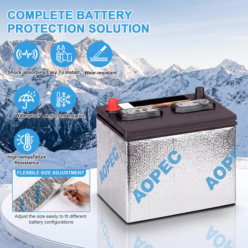 AOPEC battery insulation beside ruler for size comparison ensuring universal fit benefit