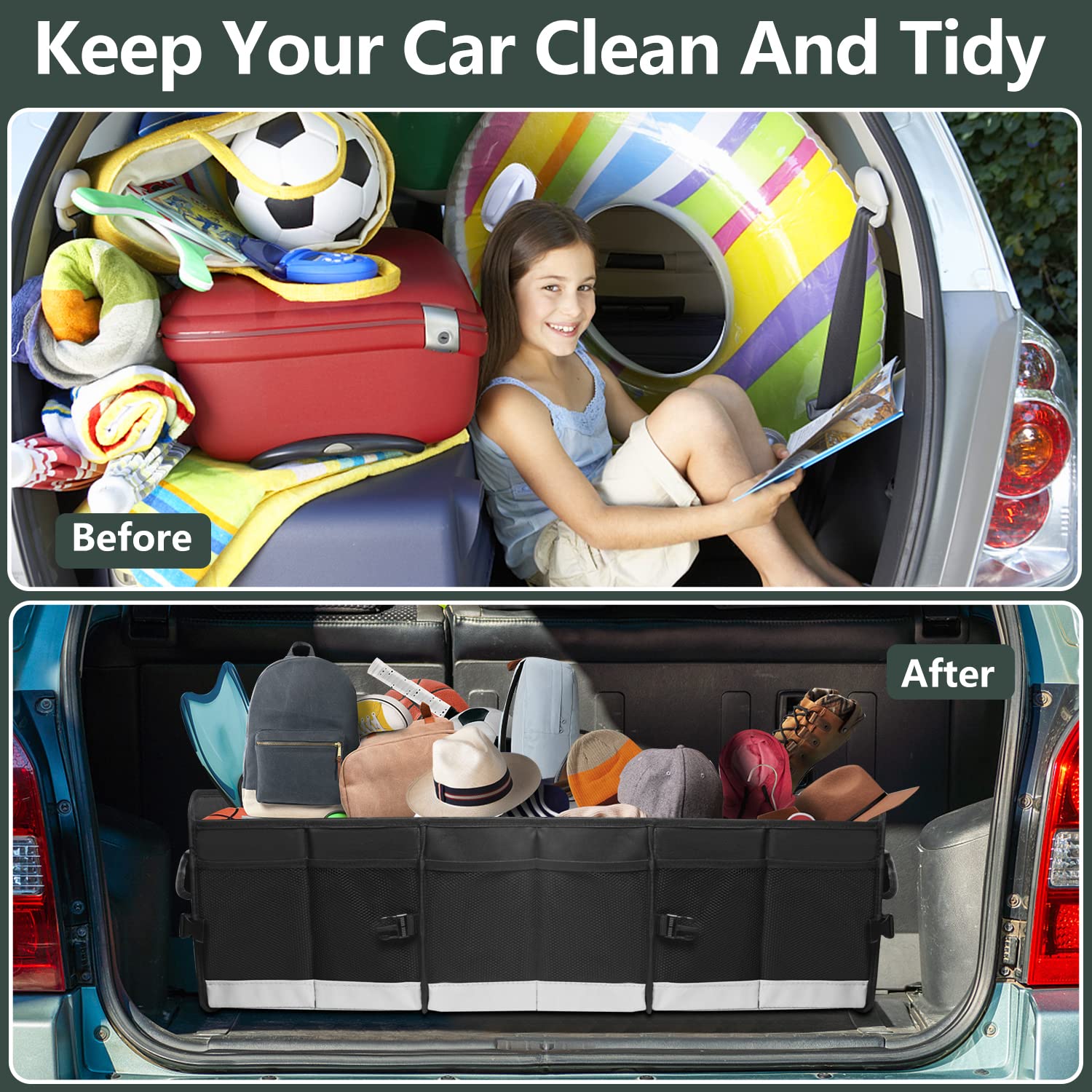 AOPHY trunk organizer handle and retractable straps for easy carrying and securing