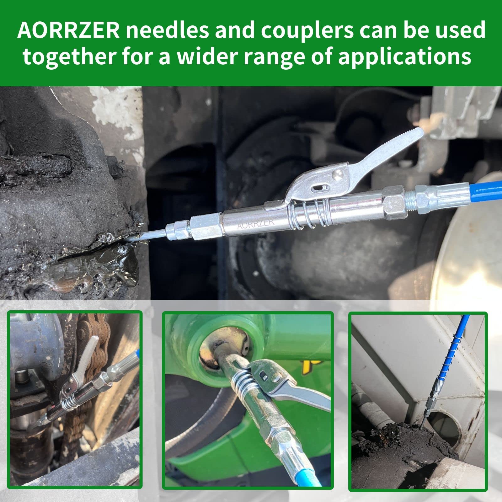 AORRZER in use on an axle zerk fitting showing deep-reach lubrication benefit