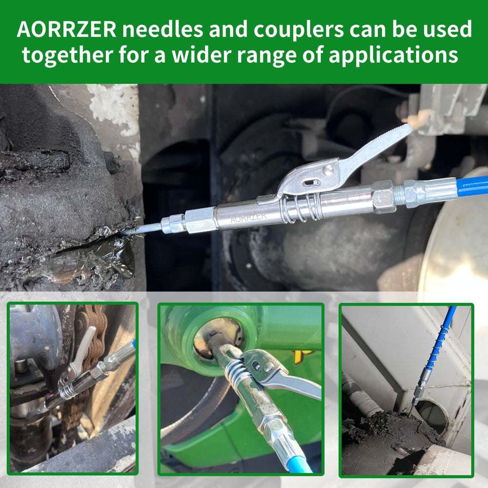 AORRZER in use on an axle zerk fitting showing deep-reach lubrication benefit