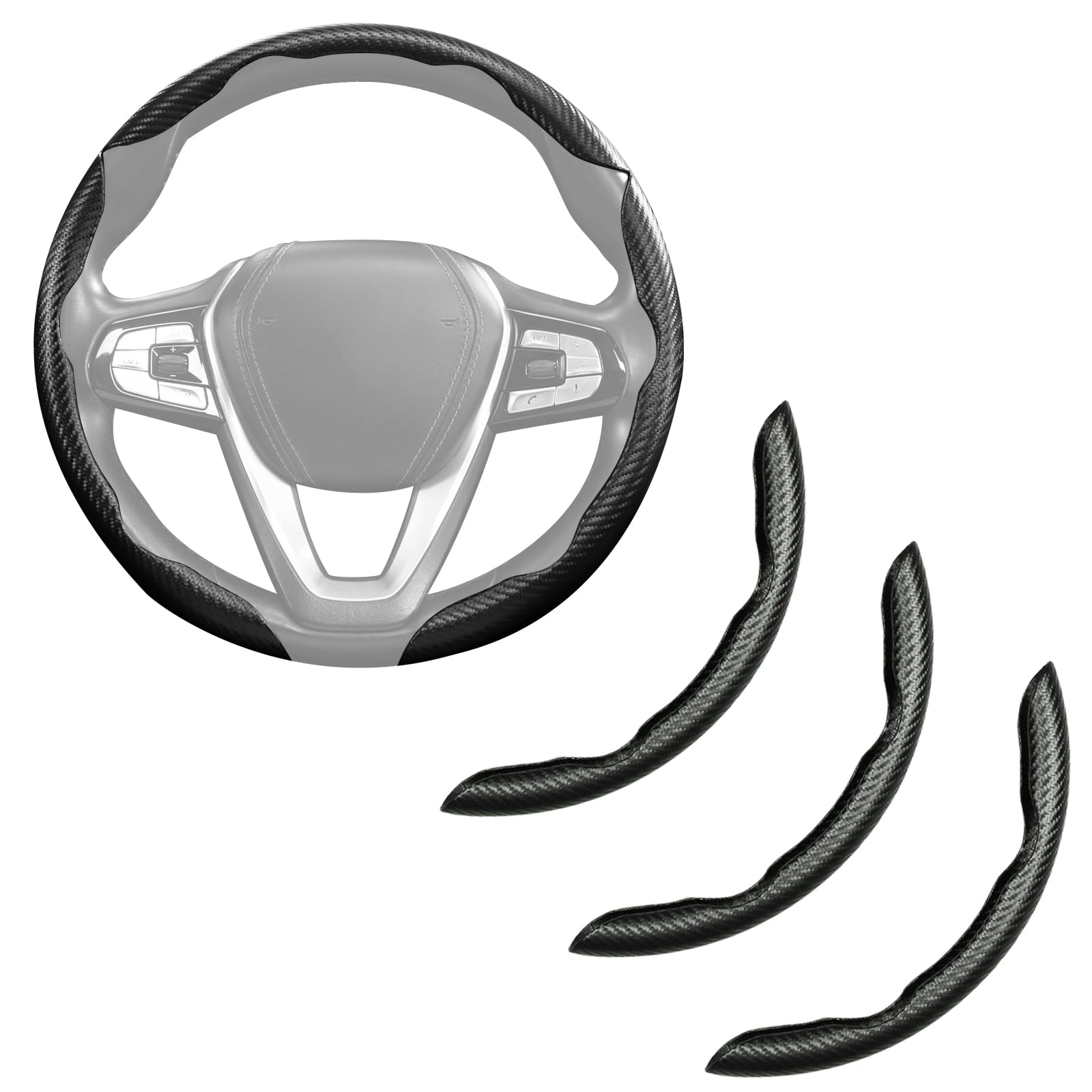 Aotoyou front view of matte black 3-piece steering wheel cover showing fit and style