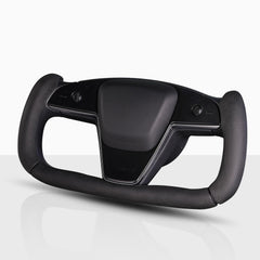 Aotoyou front view on Tesla yoke showing sleek black fit and improved control