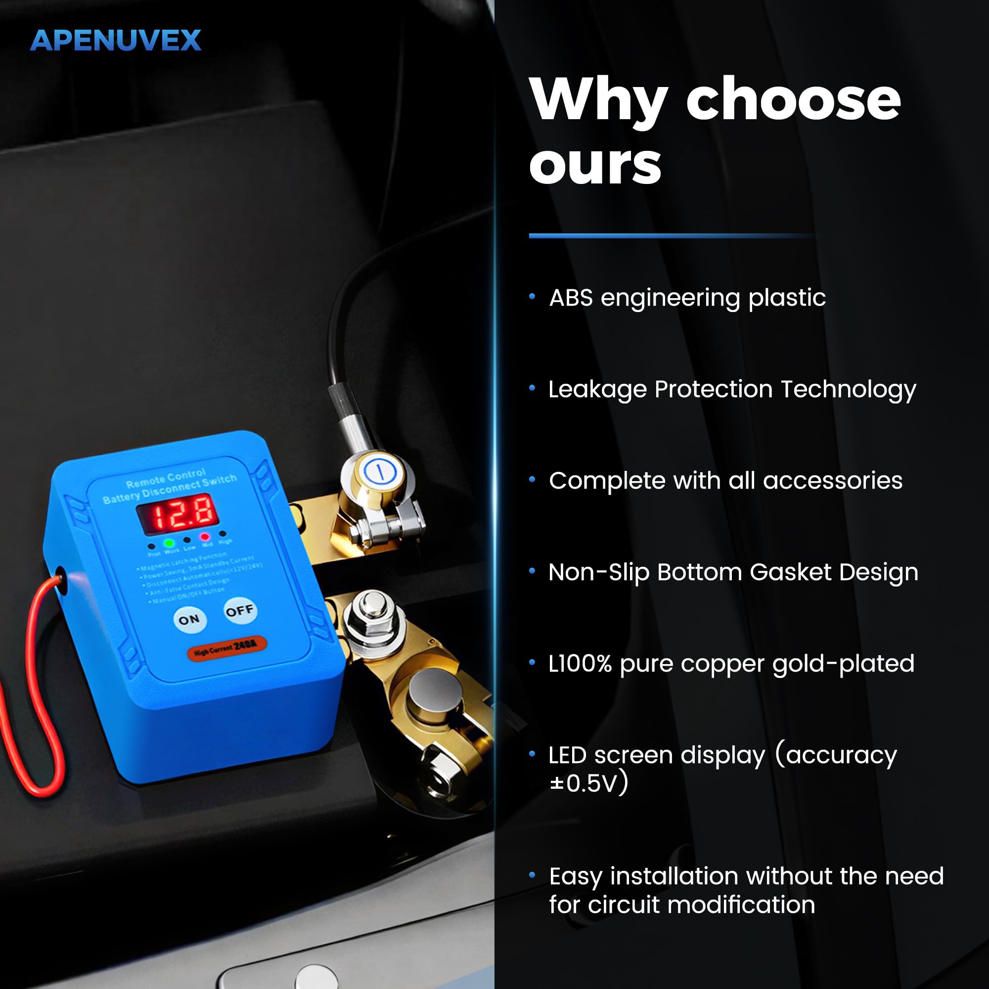 APENUVEX brass terminal close-up showing durable contact for reliable conductivity