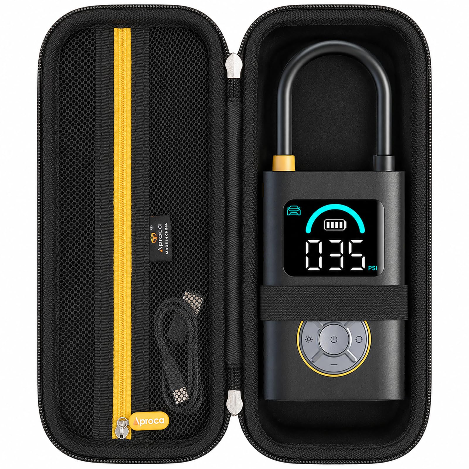 Aproca front view of case protecting Fanttik inflator for travel convenience