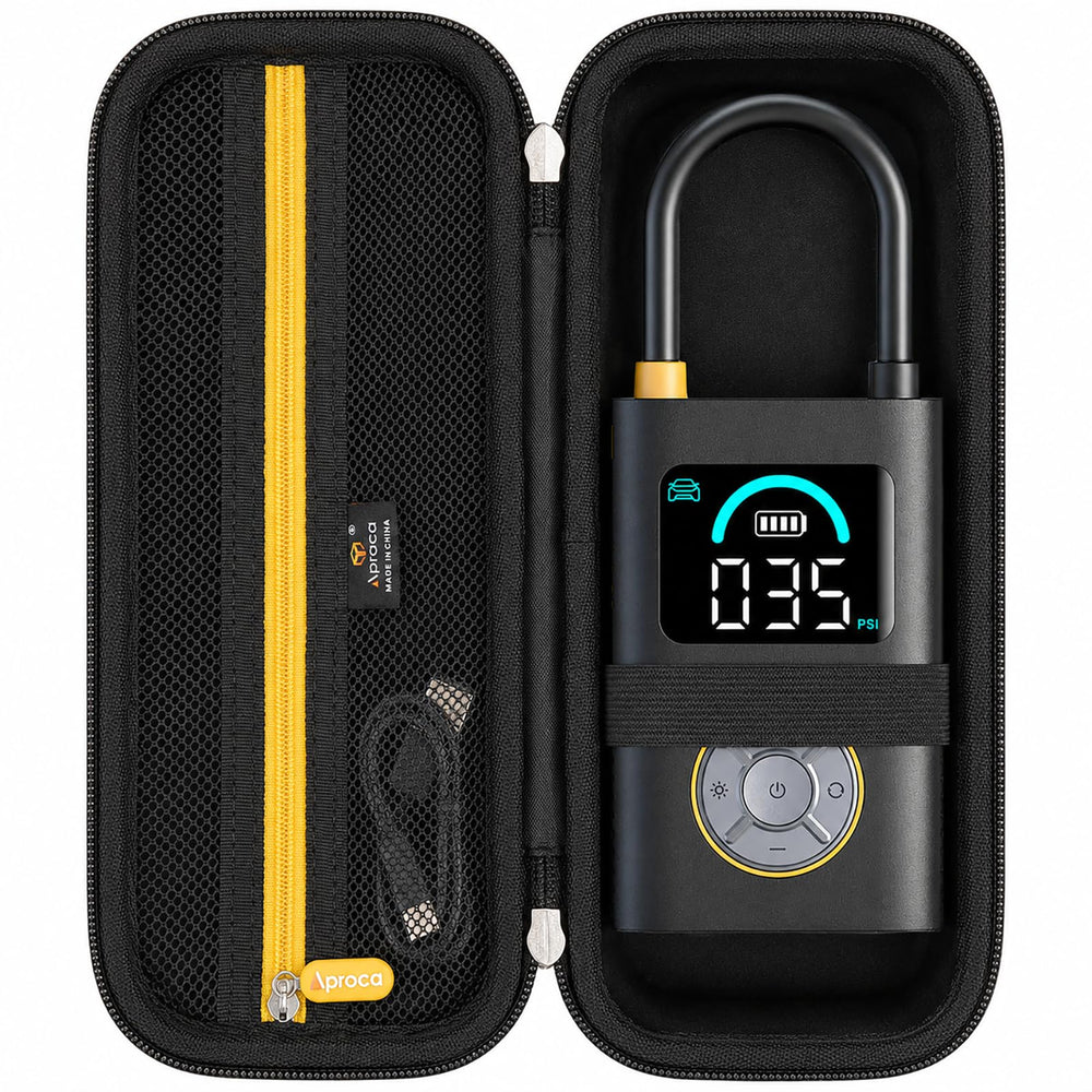 Aproca front view of case protecting Fanttik inflator for travel convenience
