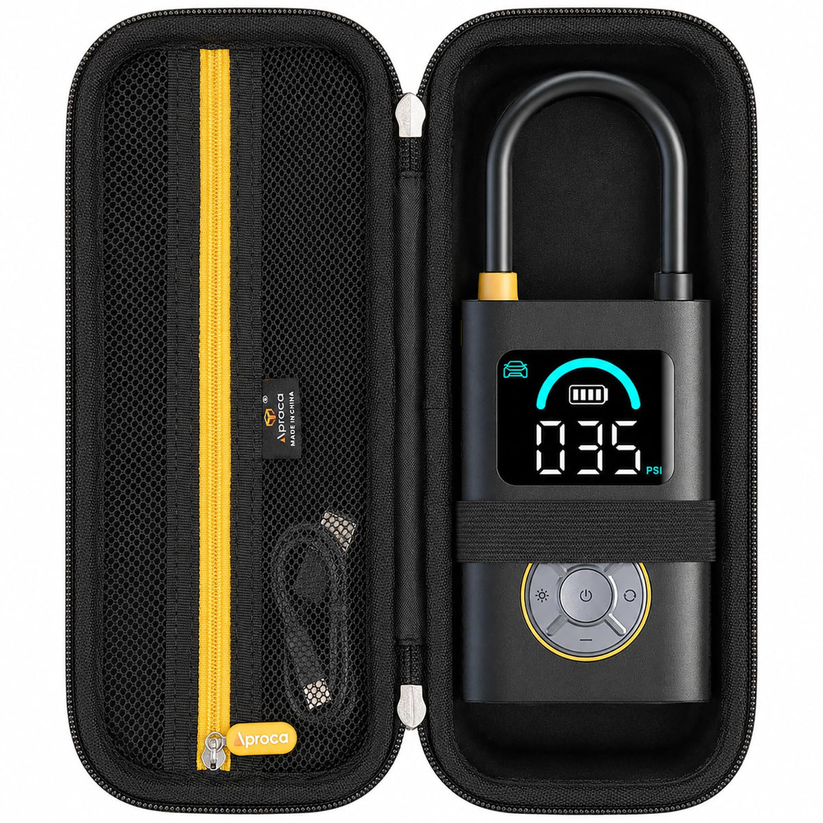 Aproca front view of case protecting Fanttik inflator for travel convenience