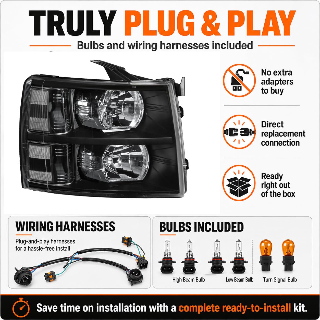 APSVE wiring harness and bulbs included for fast plug-and-play installation