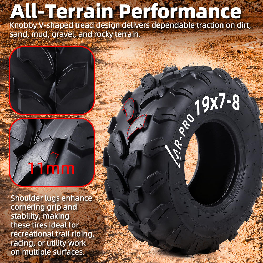 AR-PRO tire installed on ATV front wheel, demonstrating real-world stability