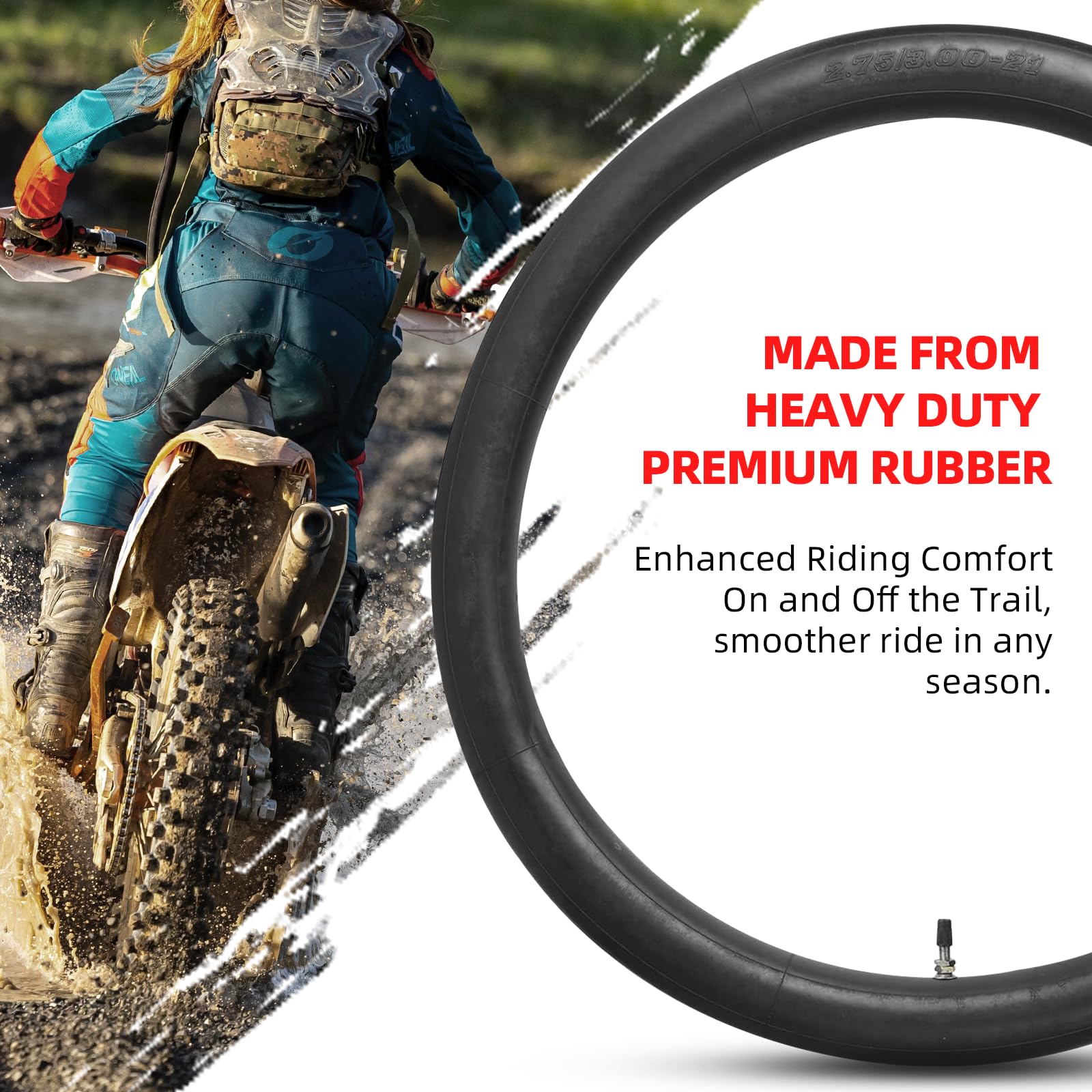 AR-PRO spare tube beside motorcycle tire on trail demonstrating fast roadside repair