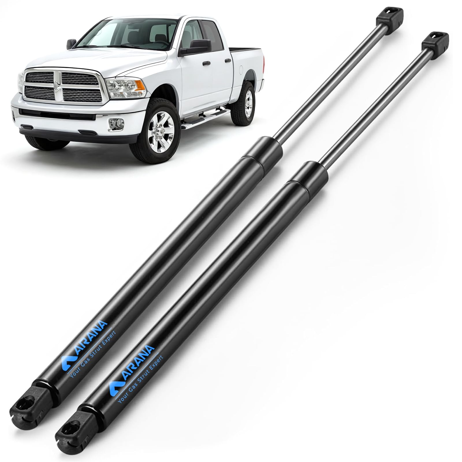 ARANA hood struts front packaging showing pair and compatibility benefits