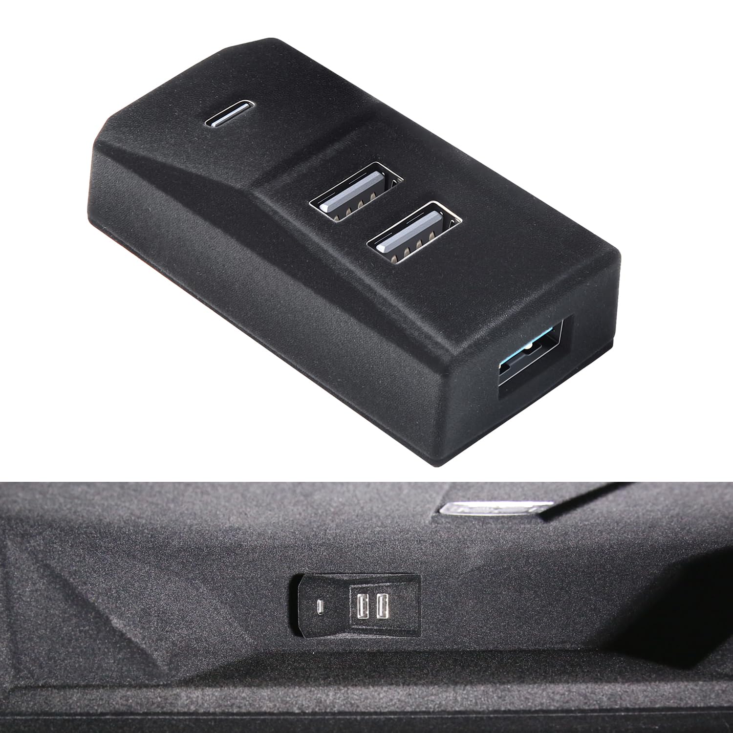 Arcoche front view in glove box showing factory-like fit and extra ports