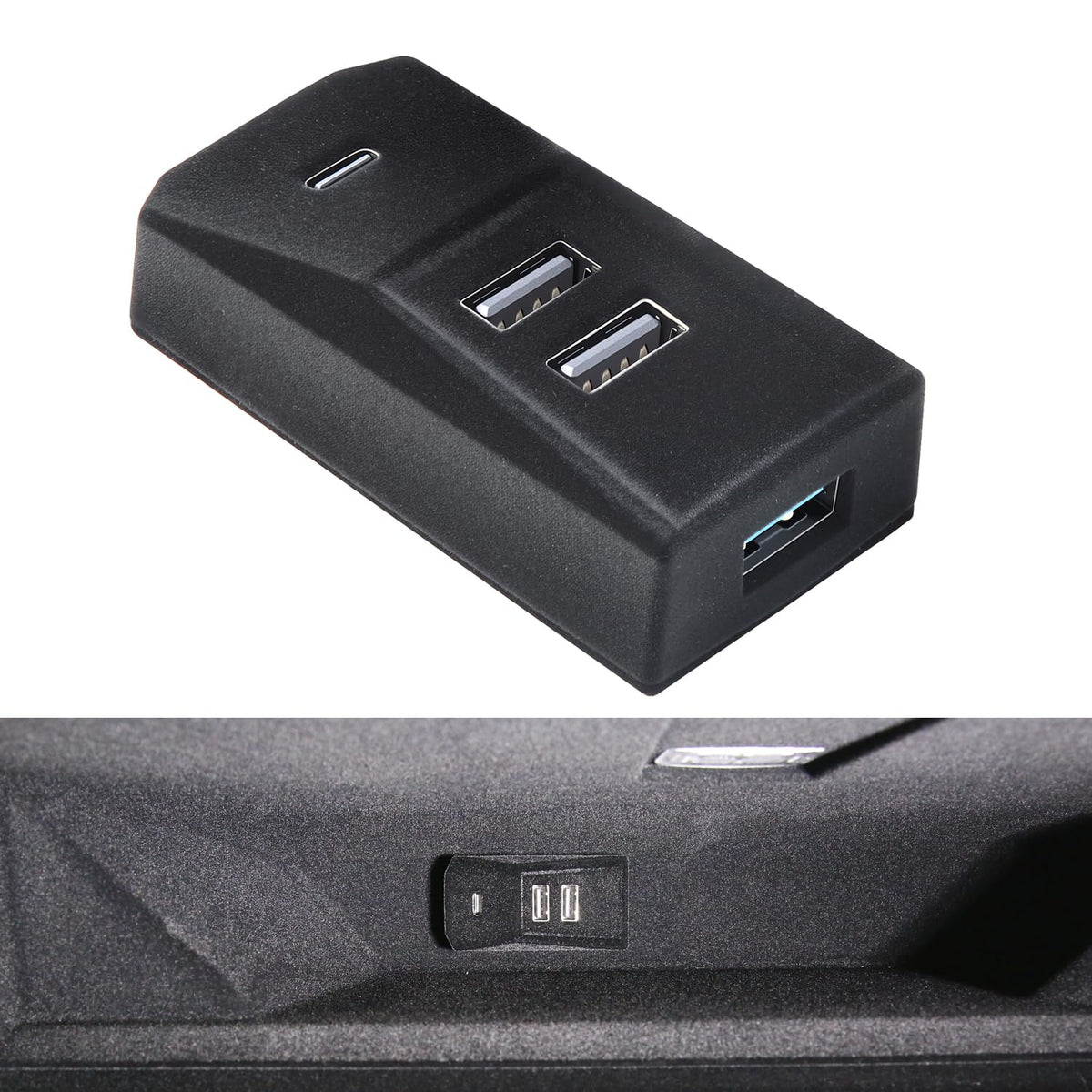 Arcoche front view in glove box showing factory-like fit and extra ports