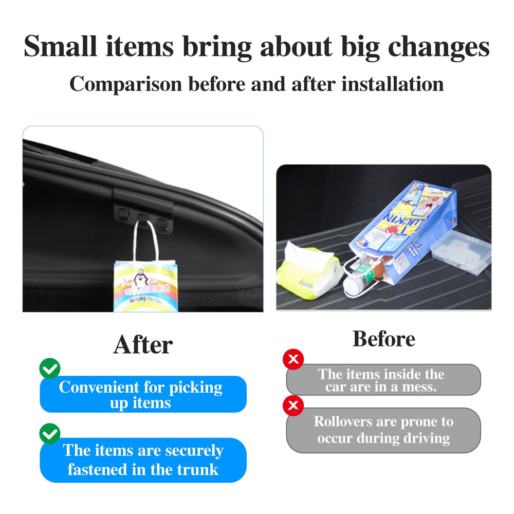 Arcoche installed left trunk seam with hook in place, secures grocery bags