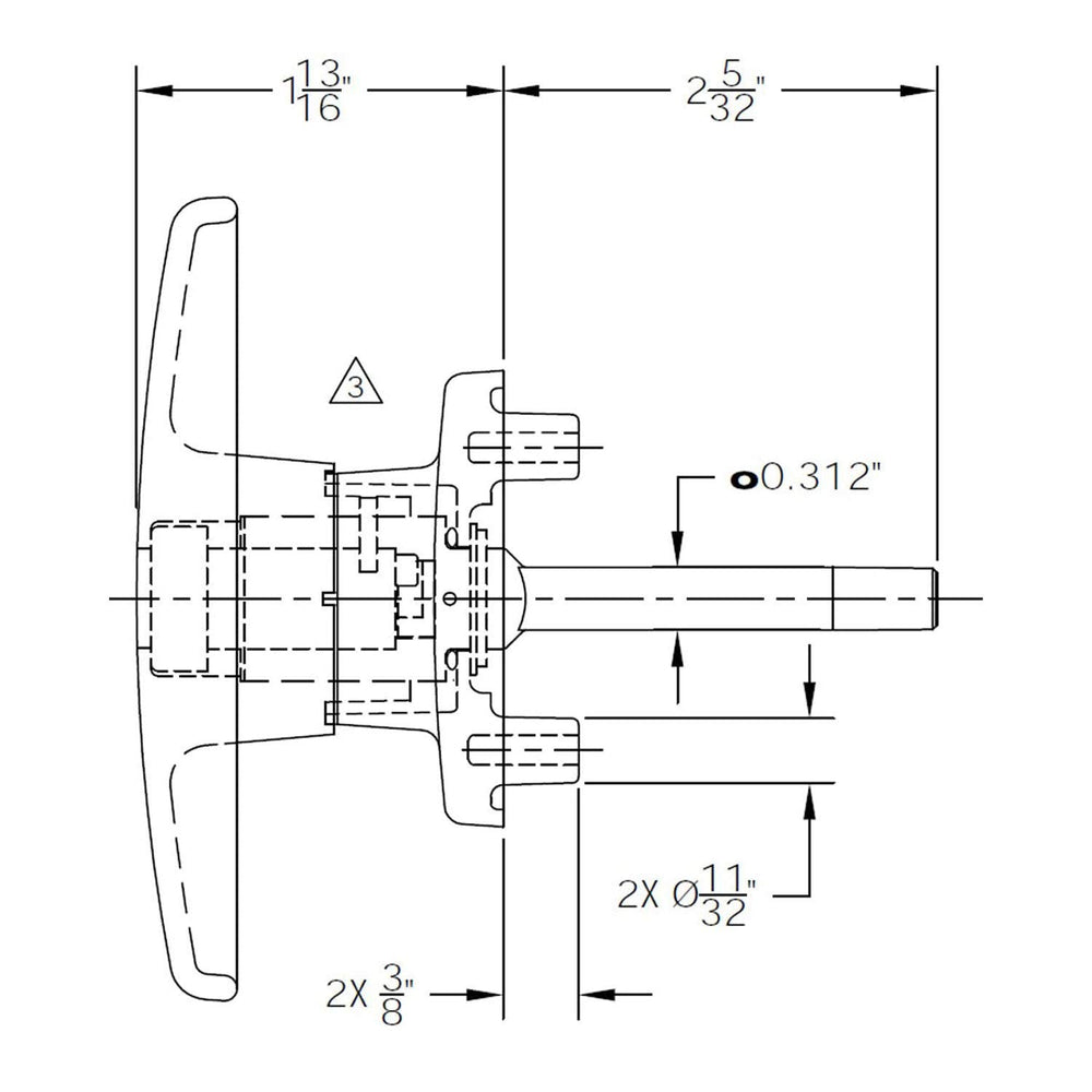 ARE T-handle mounting hole spacing detail showing 1.5-inch centers