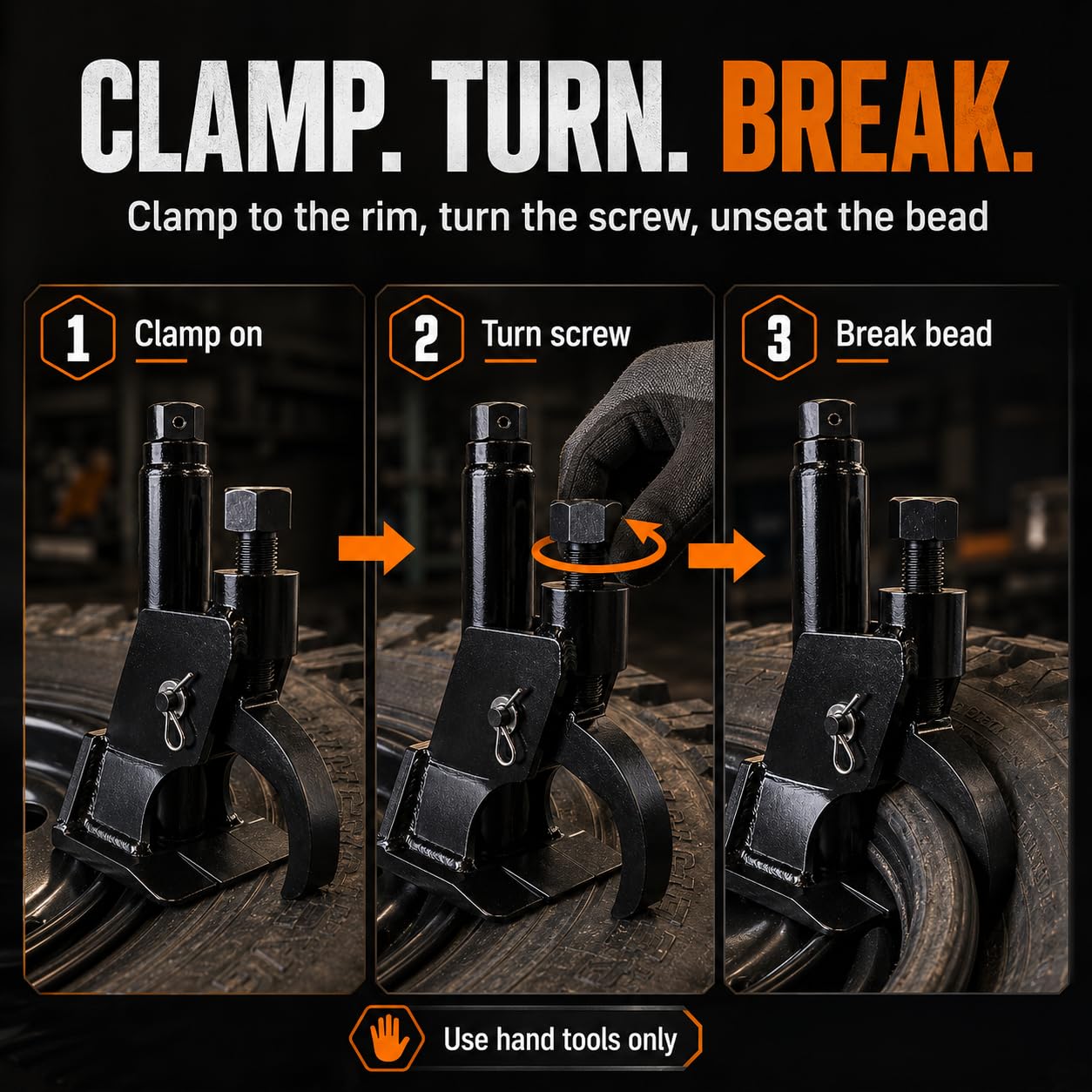 aremnry tool in use on an ATV wheel enabling controlled bead unseating