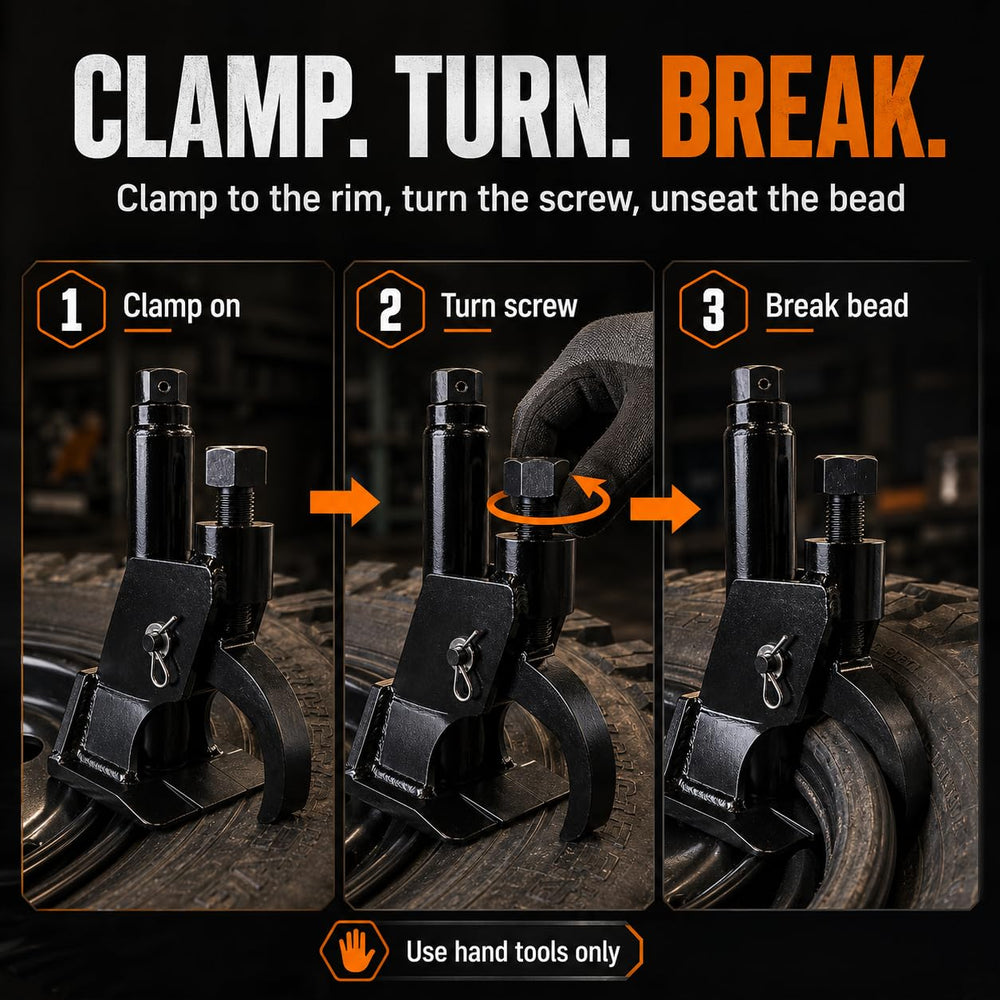 aremnry tool in use on an ATV wheel enabling controlled bead unseating